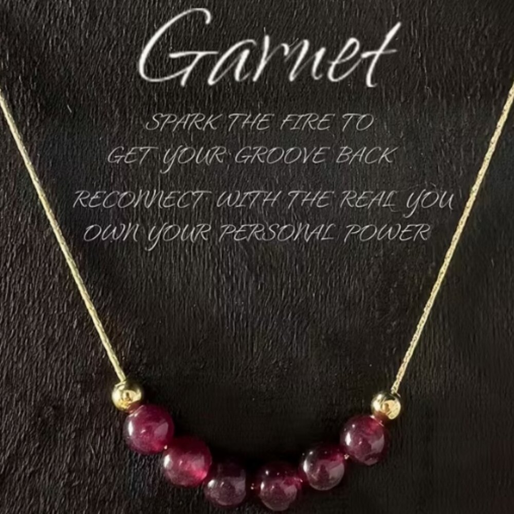 Garnet Beaded Necklace, Six Beautiful 5mm Gemstones w/ Gold Tone Spacers & Chain